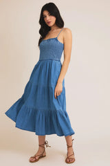 SLEEVELESS SMOCKED TOP TIERED DRESS