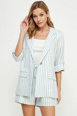 STRIPED LINEN 3/4 ROLL TAB SLEEVES BLAZER