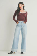 CUFFED PALAZZO HIGH RISE DENIM JEANS