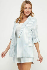 STRIPED LINEN 3/4 ROLL TAB SLEEVES BLAZER