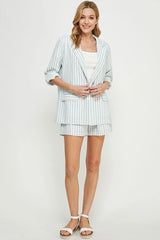 STRIPED LINEN 3/4 ROLL TAB SLEEVES BLAZER