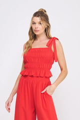 SOFT LINEN SMOCKED TIE STRAPS TANK