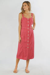 TENCEL BUTTON UP SLEEVELESS MIDI DRESS
