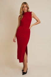 MOCK NECK SLEEVELESS GLITTER MIDI DRESS
