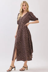 SHORT SLEEVE SELF COVER BUTTON DETAIL MIDI DRESS