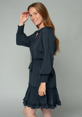 BOHO DOLMAN SLEEVE TIE FRONT SMOCKED MINI DRESS