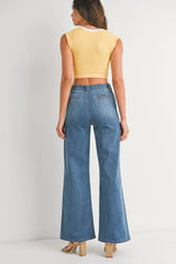 HIGH RISE PATCH POCKET WIDE LEG FLARE DENIM JEANS