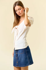 TIE FRONT POINTELLE KNIT BLOUSE