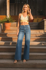 HIGH RISE PATCH POCKET WIDE LEG FLARE DENIM JEANS