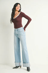 CUFFED PALAZZO HIGH RISE DENIM JEANS