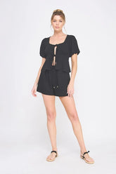 LINEN BLEND ELASTIC TIE WAIST CROCHET LACE DETAILS SHORT