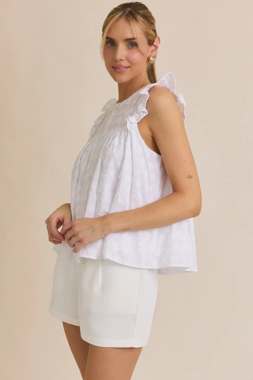 ROUND NECK RUFFLE SLEEVE BUTTON DOWN TOP