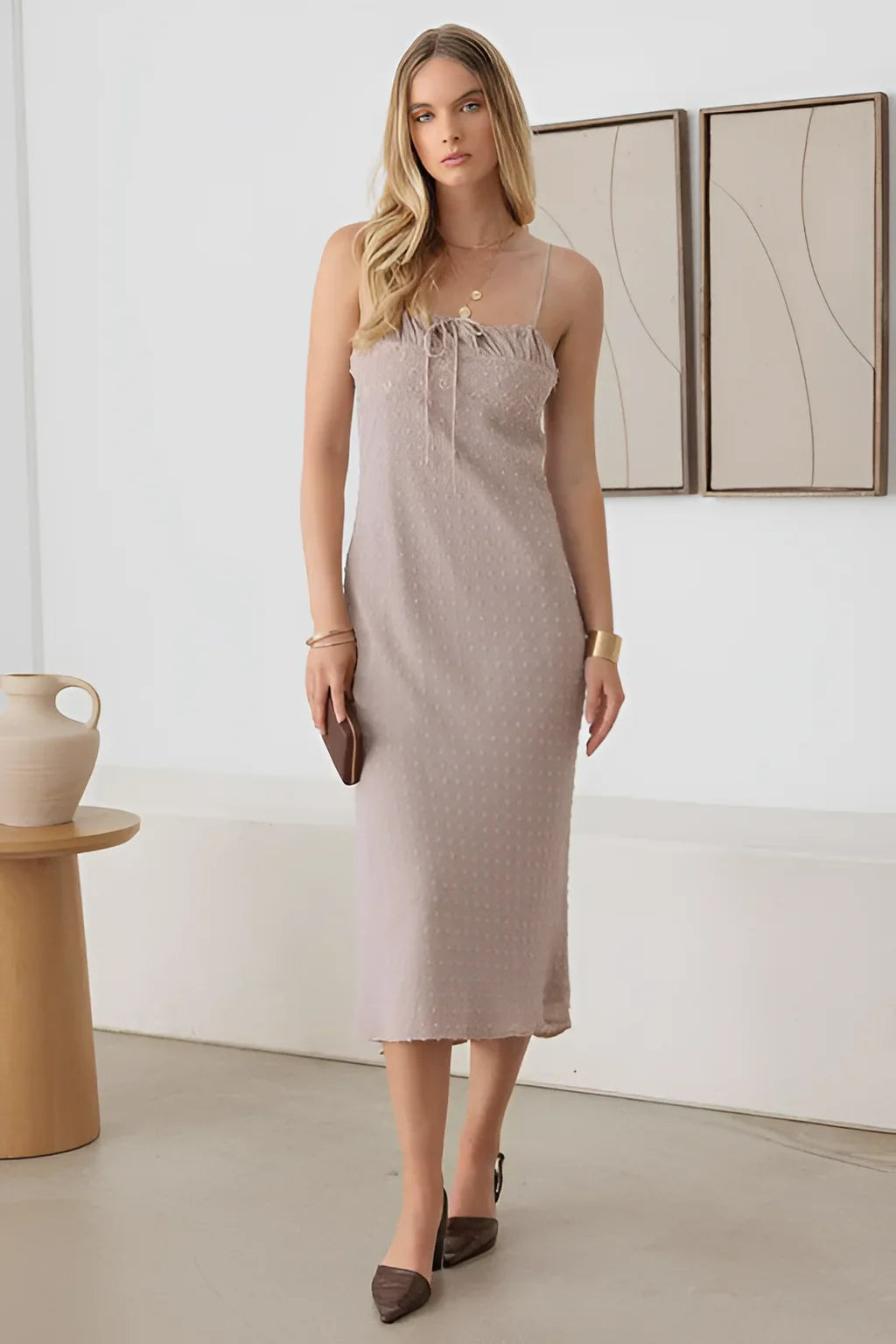 POLKA DOT SPAGHETTI STRAP MIDI DRESS