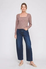 KNIT EMBROIDERED LACE SQUARE NECK