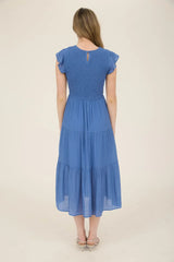 SMOCKED TIERED MIDI DRESS