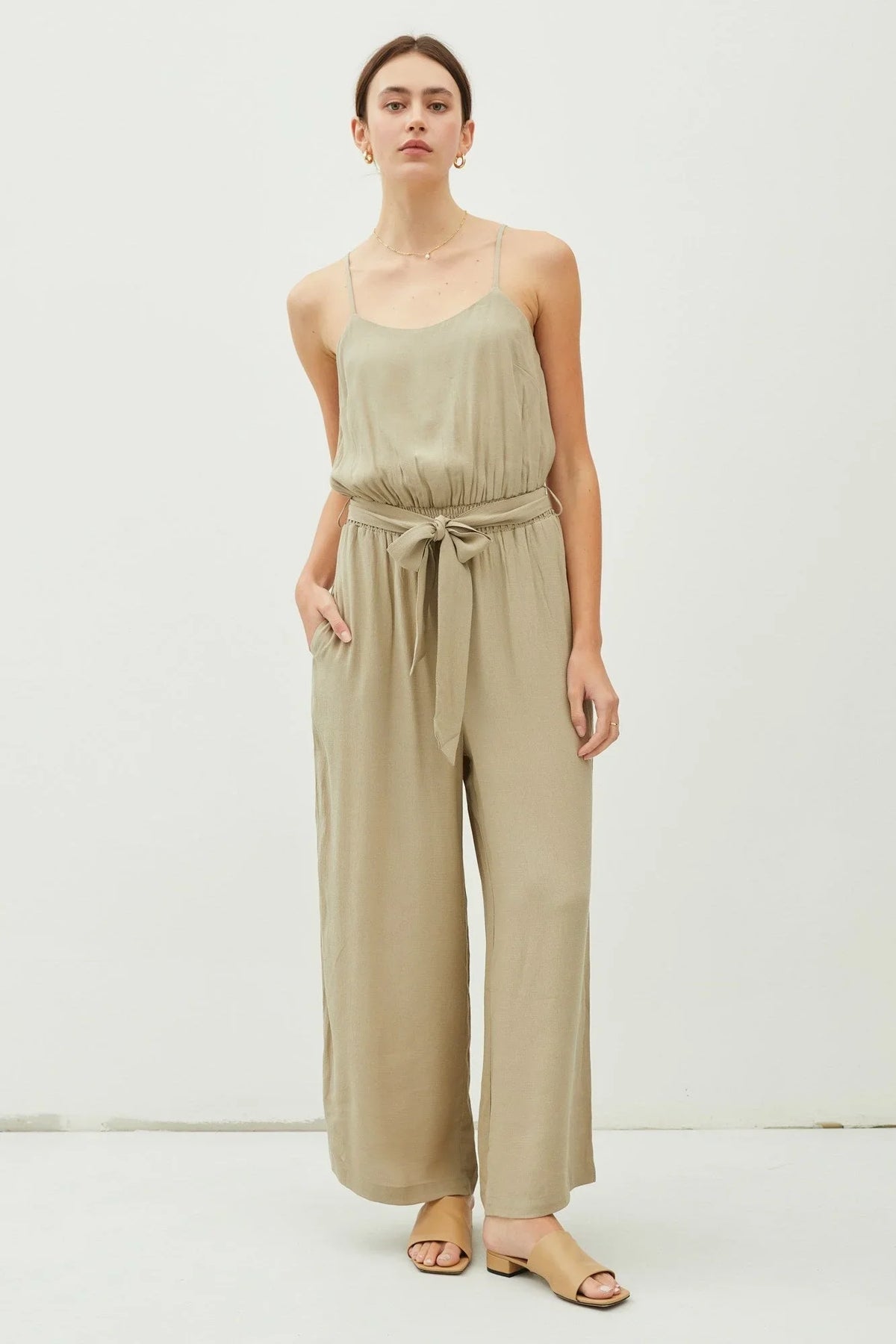 TIE BELT WIDE LEG CAMI JUMPSUIT