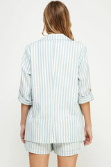 STRIPED LINEN 3/4 ROLL TAB SLEEVES BLAZER