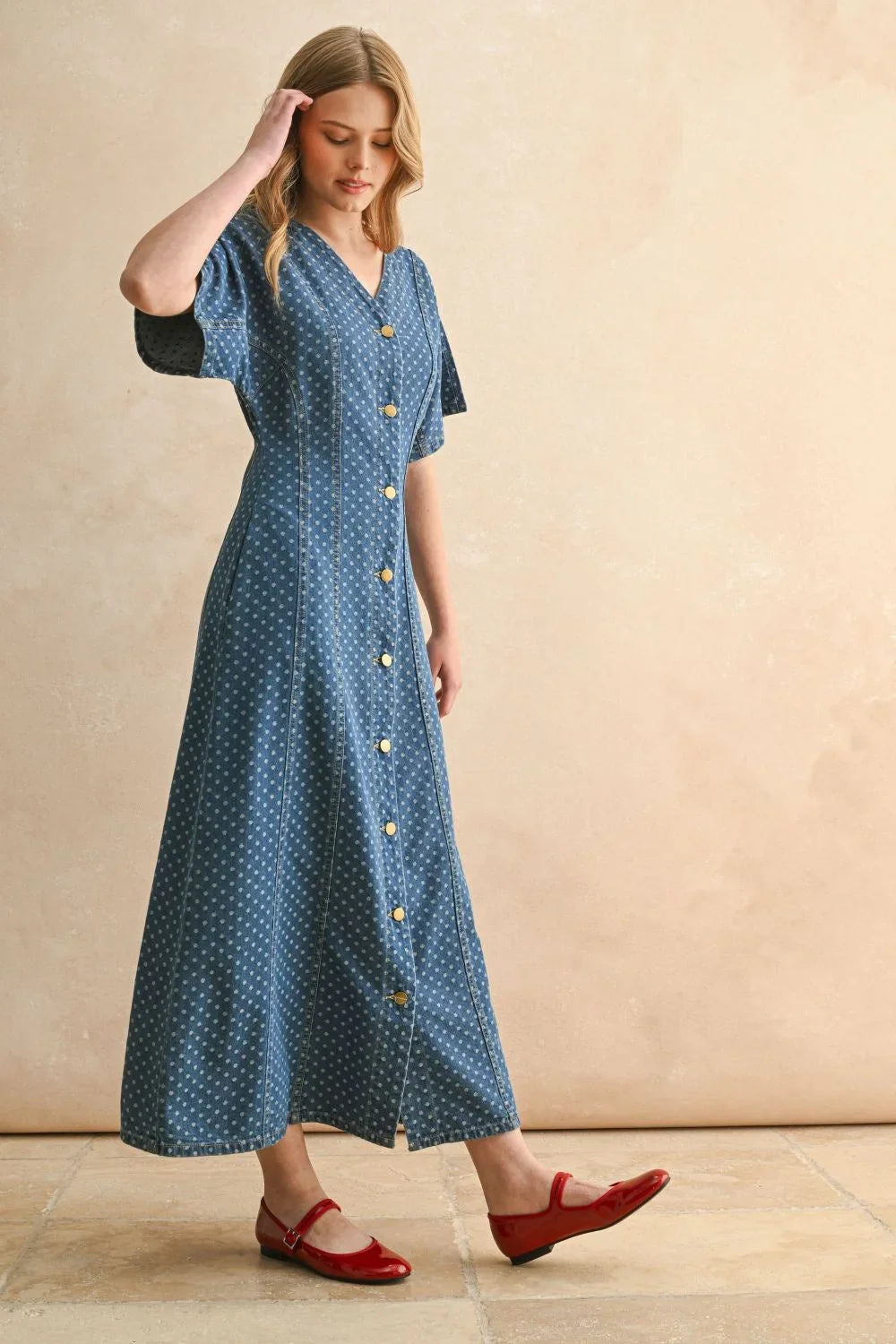 DOT PRINT DETAIL BUTTON FRONT DRESS
