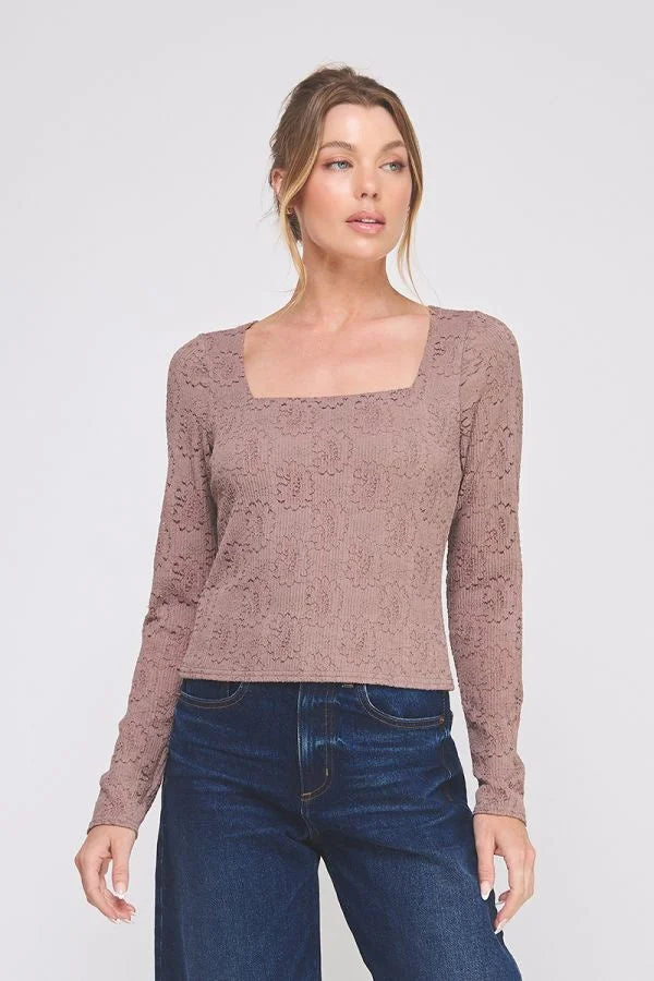 KNIT EMBROIDERED LACE SQUARE NECK