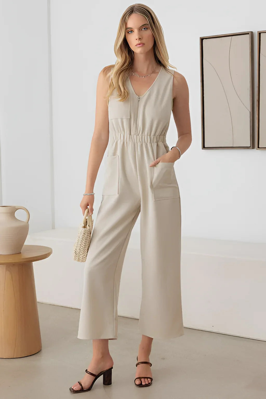 SLEEVELESS FRONT ZIPPER WIDE LEG JUMPSUIT