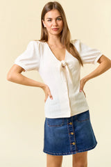 TIE FRONT POINTELLE KNIT BLOUSE