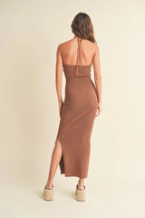 HALTER NECK KNIT LONG SLIT DRESS