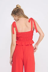 SOFT LINEN SMOCKED TIE STRAPS TANK