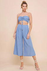 BAMBOO TEXTURED WOVEN CINCH BANDEAU TOP