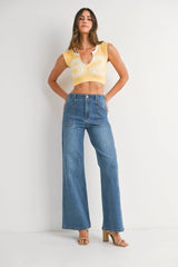 HIGH RISE PATCH POCKET WIDE LEG FLARE DENIM JEANS