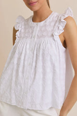 ROUND NECK RUFFLE SLEEVE BUTTON DOWN TOP