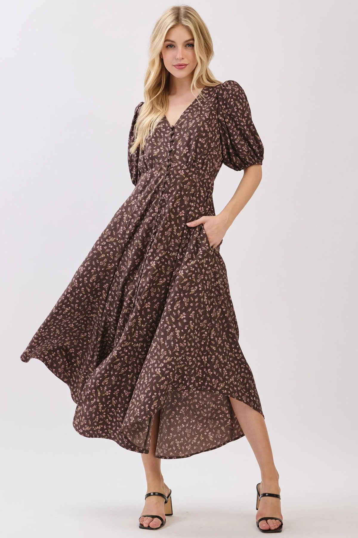 SHORT SLEEVE SELF COVER BUTTON DETAIL MIDI DRESS