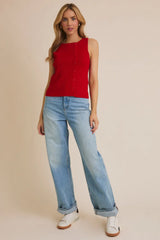 BOAT NECK SLEEVELESS BOTTON UP RIBBED TOP