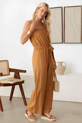 TIE WAIST LINEN SMOCKED NECK-LINE JUMPSUIT