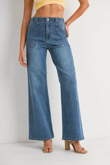 HIGH RISE PATCH POCKET WIDE LEG FLARE DENIM JEANS